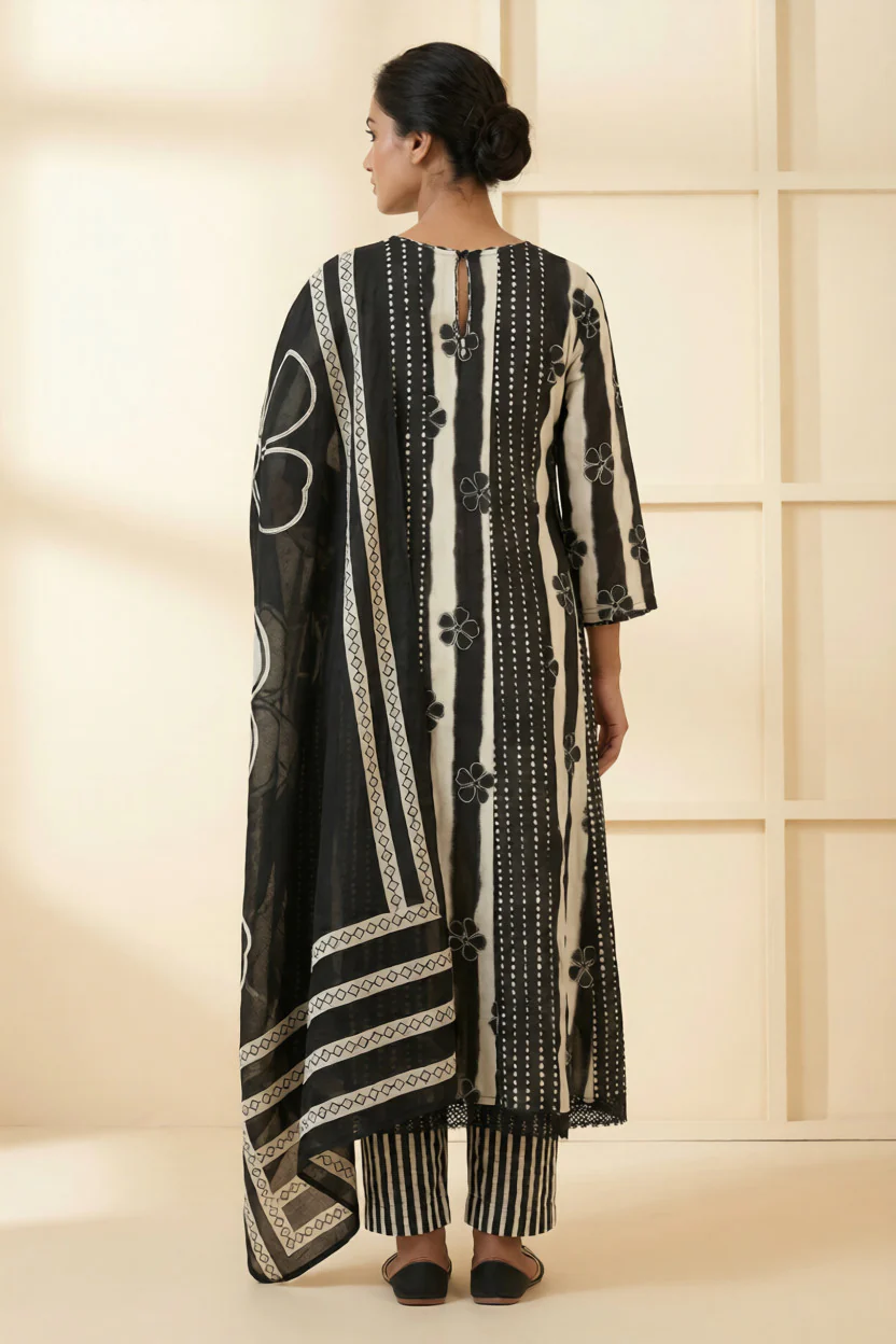 Black Cotton Floral Sequins And Hand Embroidery Suit Set - Image 3