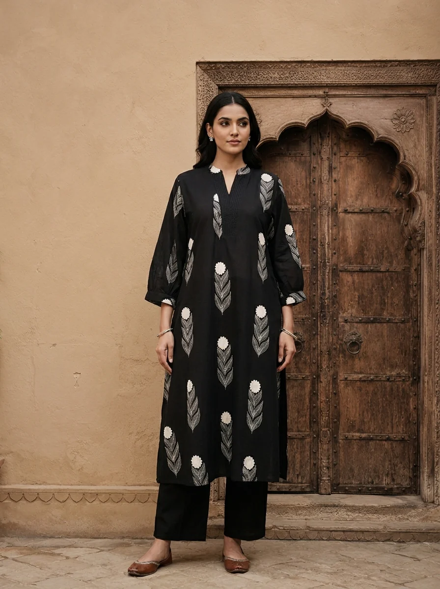 Black Cotton Hand Block Printed Two Piece Set