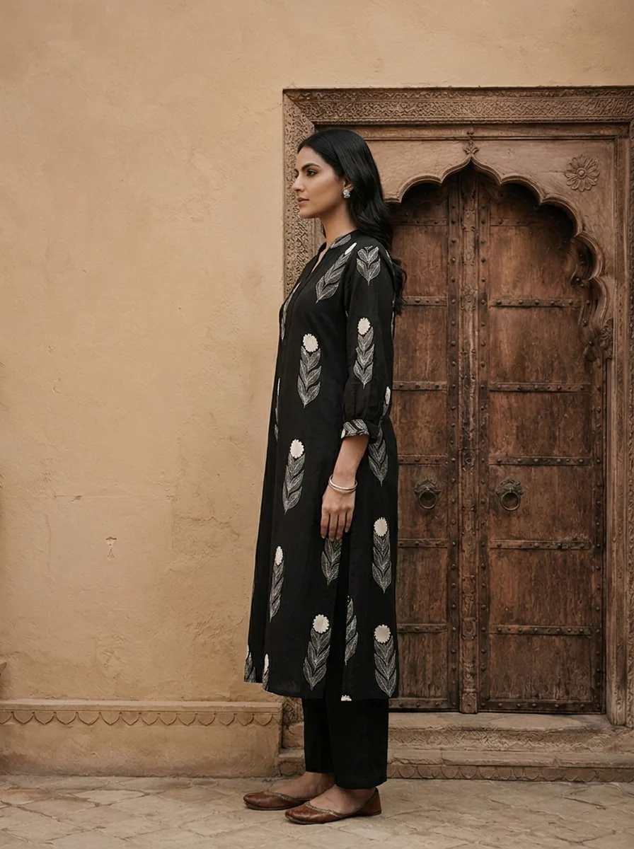 Black Cotton Hand Block Printed Two Piece Set - Image 3