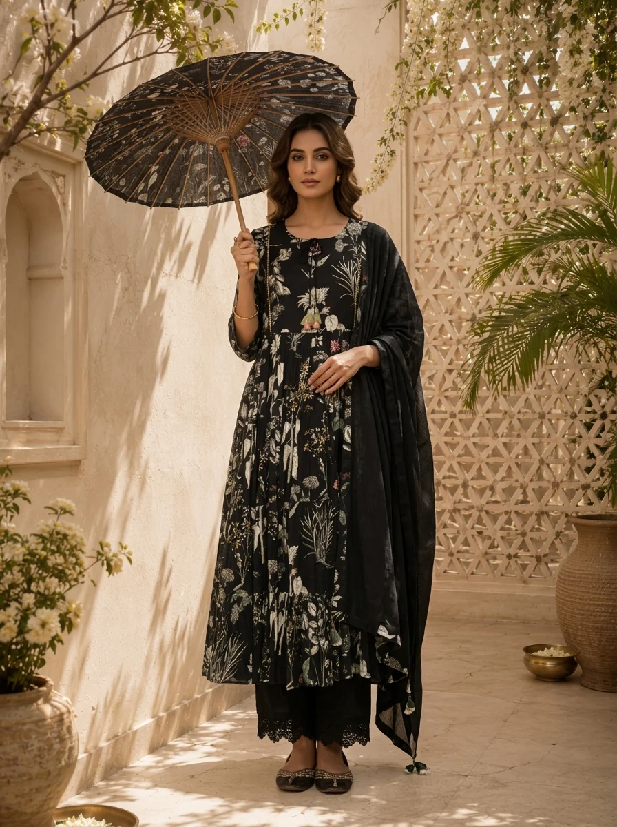 Black Cotton Heavy Floral Printed Three Piece Set - Image 2