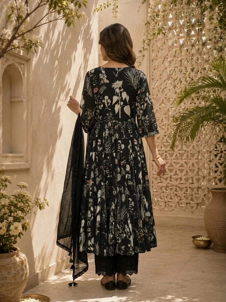 Black Cotton Heavy Floral Printed Three Piece Set - Image 3
