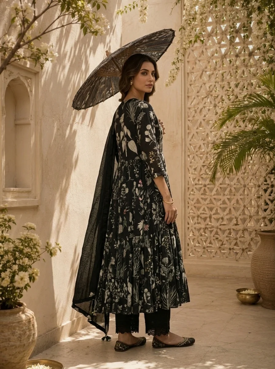 Black Cotton Heavy Floral Printed Three Piece Set - Image 4