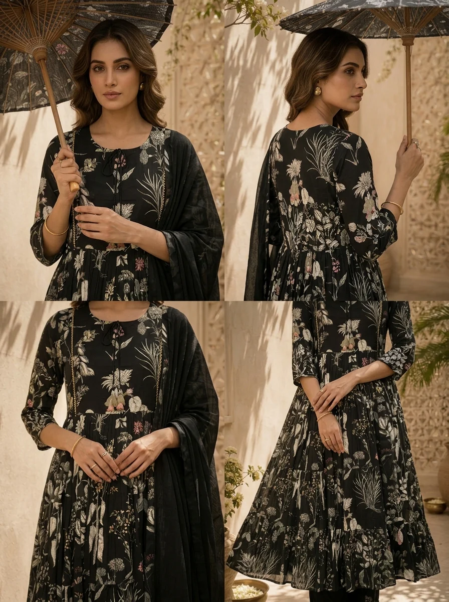 Black Cotton Heavy Floral Printed Three Piece Set - Image 6