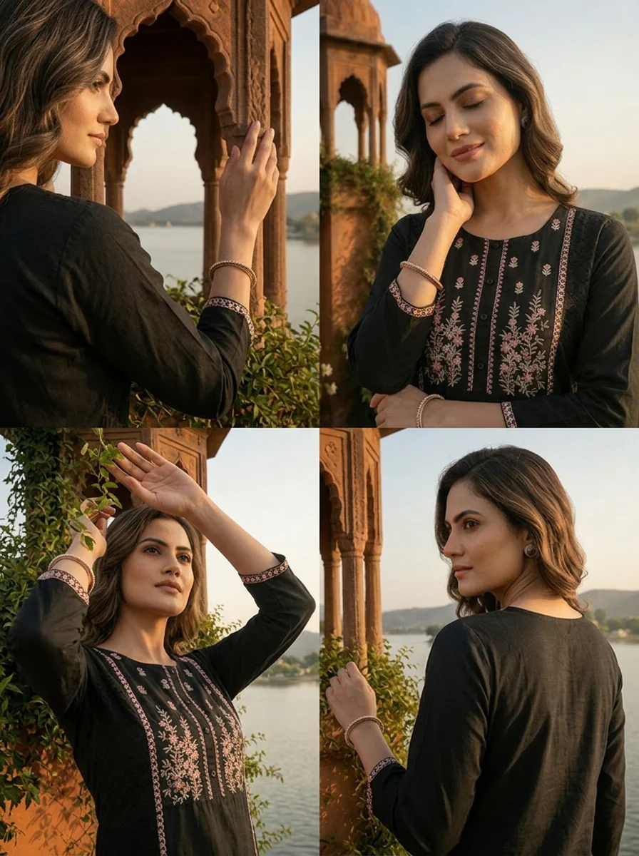 Black Cotton Multi Color Foil Mirror Embroidery Kurta - Image 5