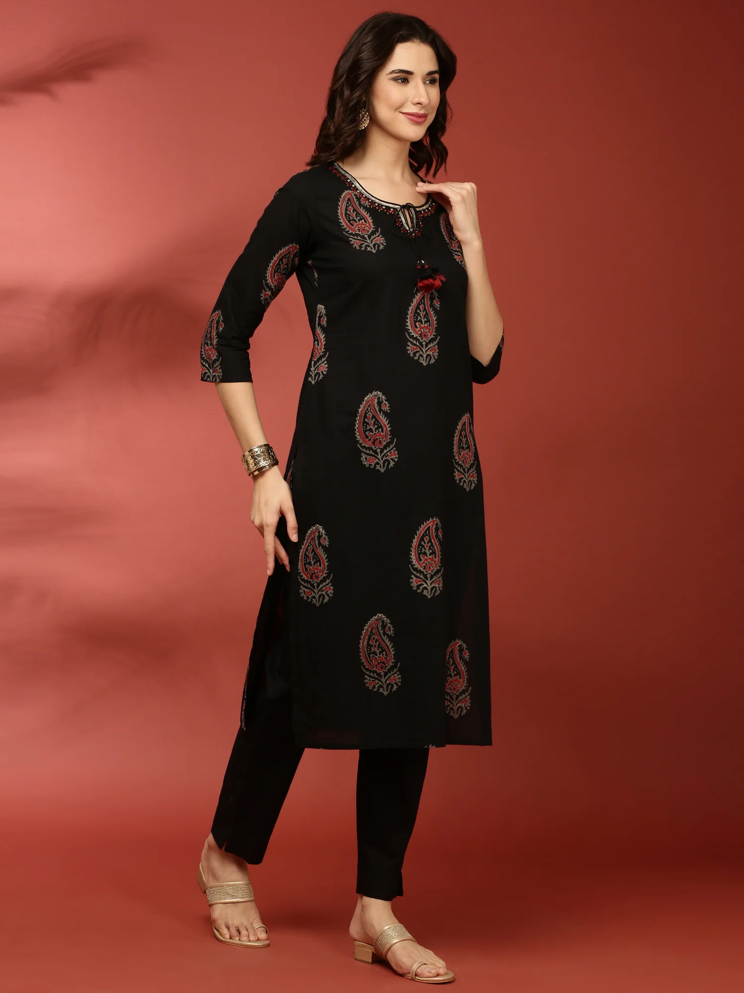 Black Cotton Printed Three Piece Set - Image 2
