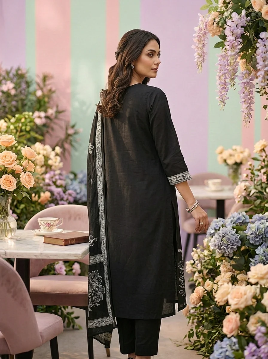 Black Cotton Three Piece Set - Image 2