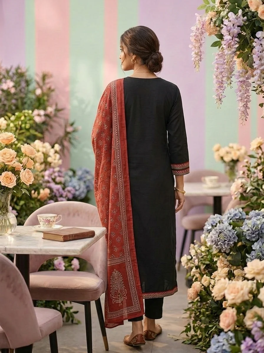 Black Cotton Three Piece Set With Contrast Dupatta - Image 2