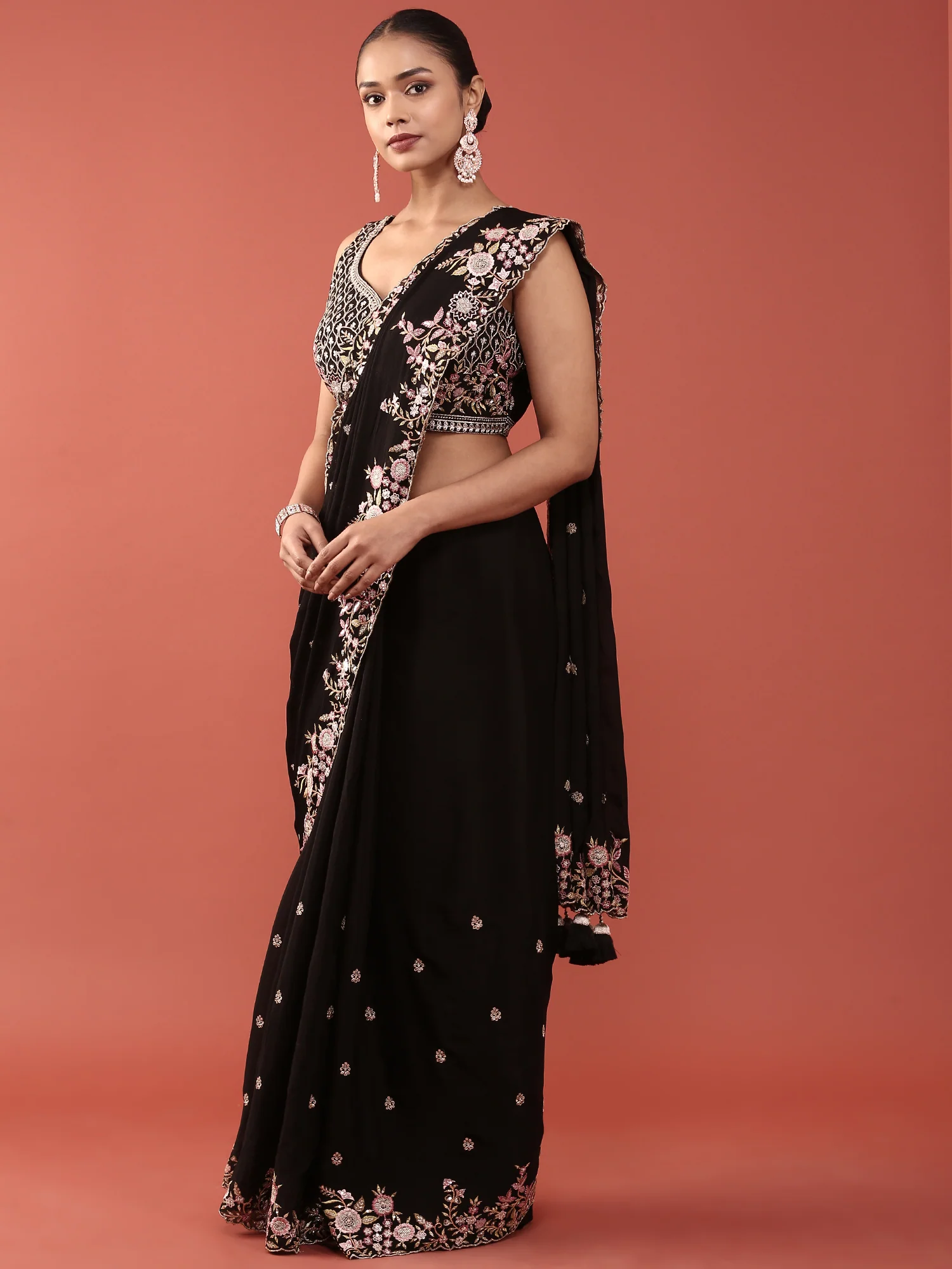 Black Crepe Embroidery Saree With Readymade Blouse - Image 4