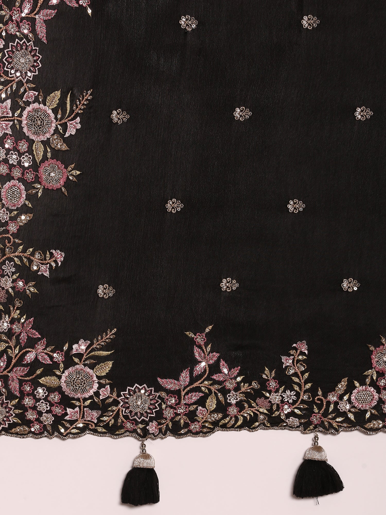 Black Crepe Embroidery Saree With Readymade Blouse - Image 6