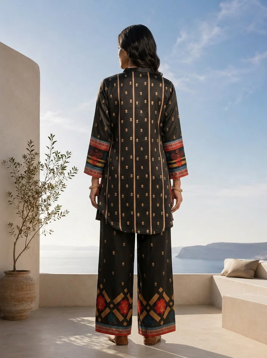 Black Crepe Solid And Floral Design Crepe Two Piece Set - Image 2