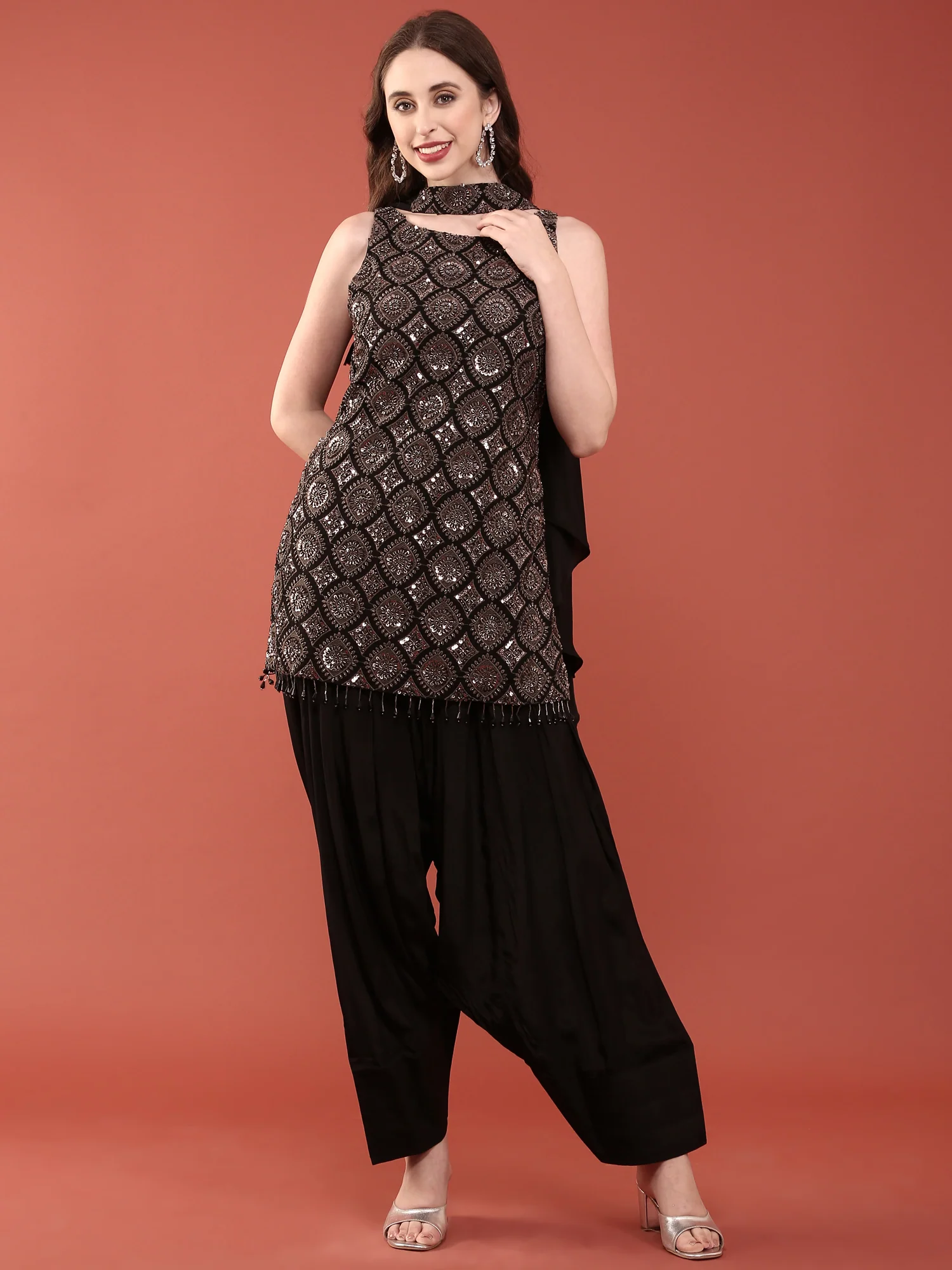 Black Crepe With Heavy Stone Embroidered Top And Dhoti With Dupatta - Image 2