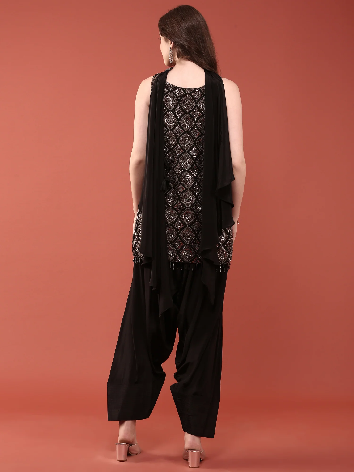 Black Crepe With Heavy Stone Embroidered Top And Dhoti With Dupatta - Image 3