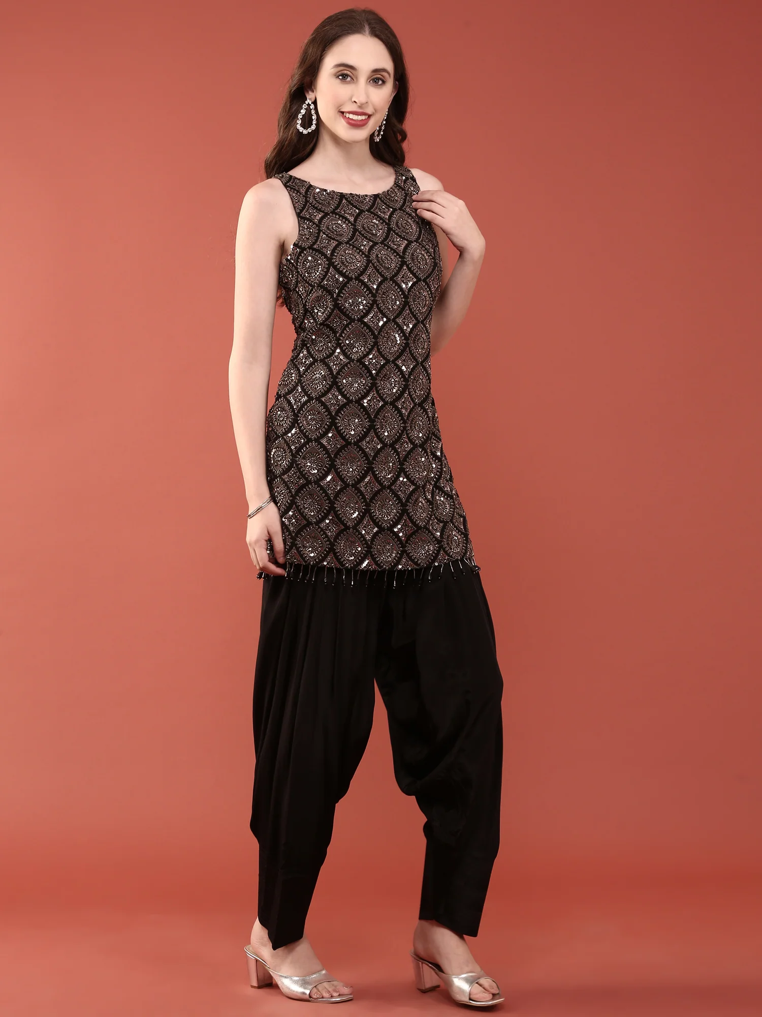 Black Crepe With Heavy Stone Embroidered Top And Dhoti With Dupatta - Image 6