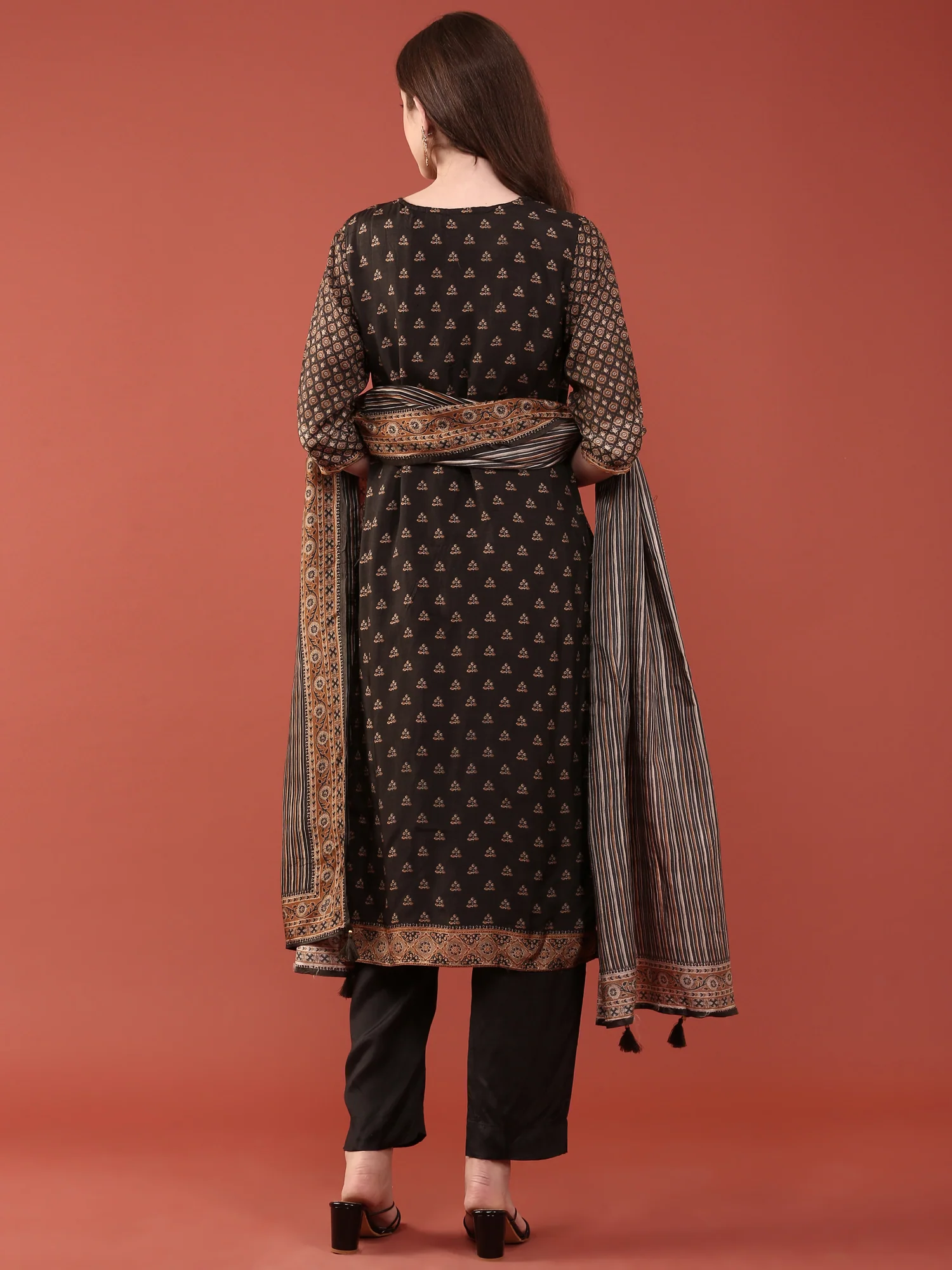 Black Dola Silk Digital Print Three Piece Set - Image 3