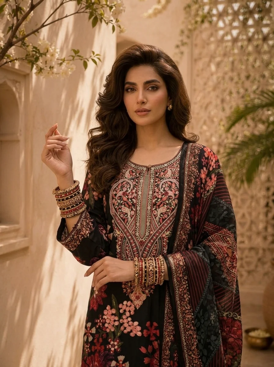 Black Floral And Paisley Printed Silk Three Piece Set - Image 5
