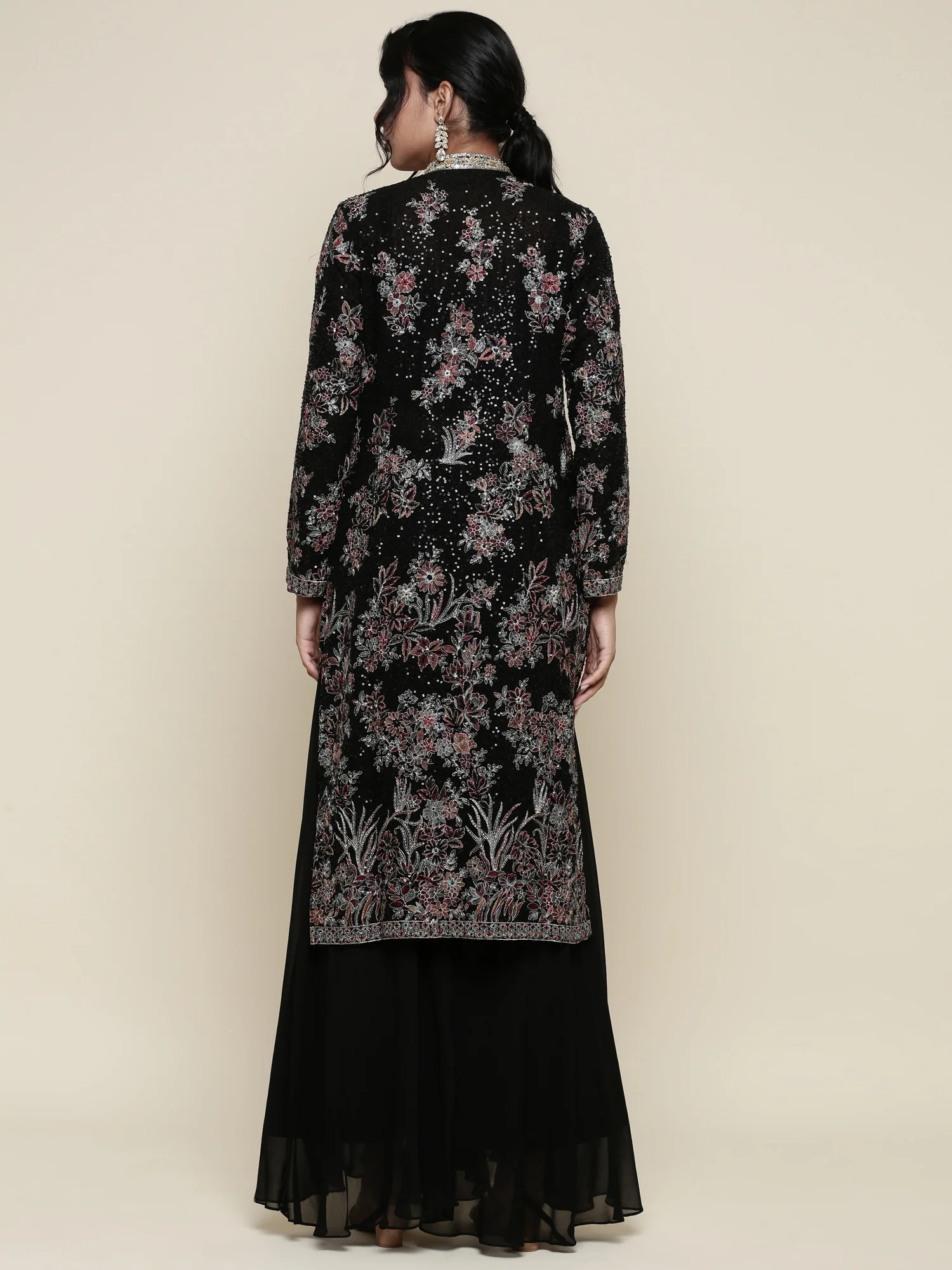 Black georgette embroidered crop top jacket and palazzo set - Image 3