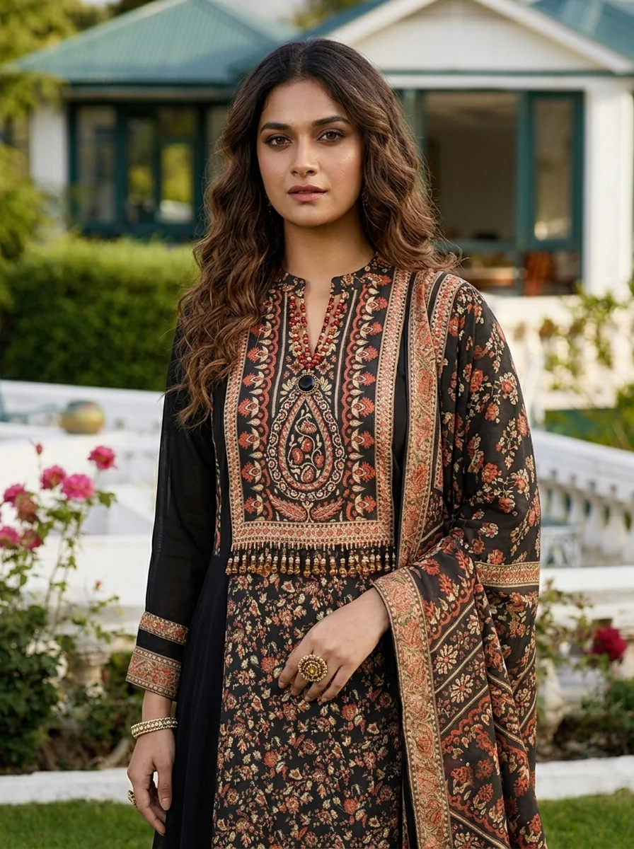 Black Georgette Floral Printed Three Piece Set - Image 2