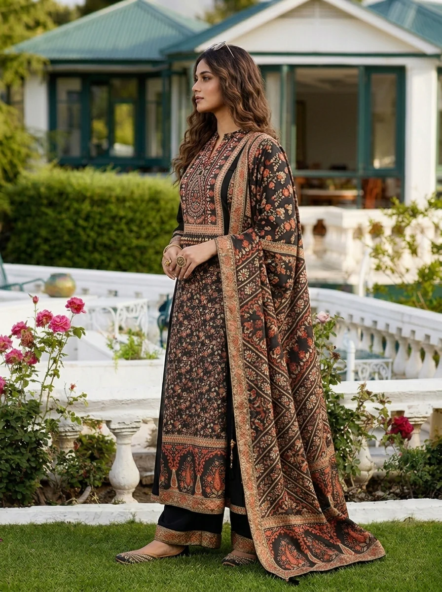 Black Georgette Floral Printed Three Piece Set - Image 4
