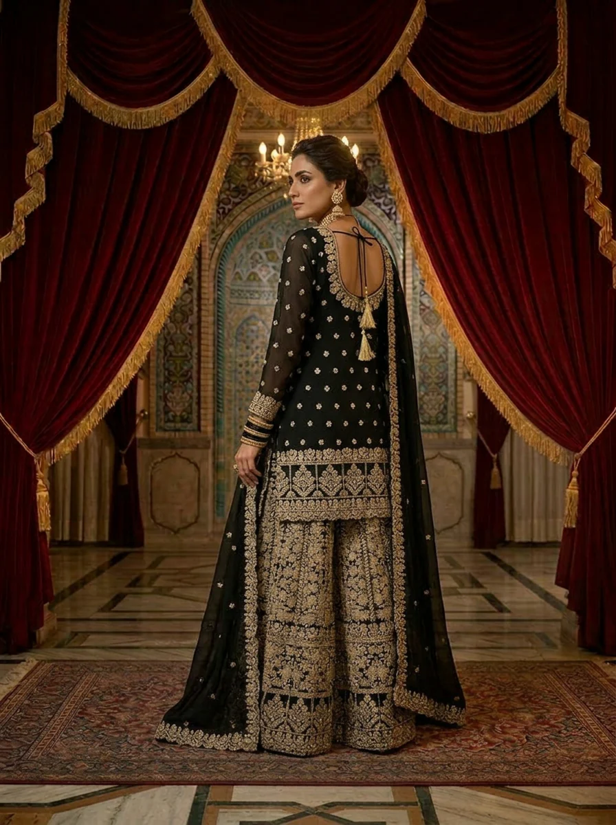 Black Georgette Heavy Zari Embroidery Palazzo Set With Dupatta - Image 2