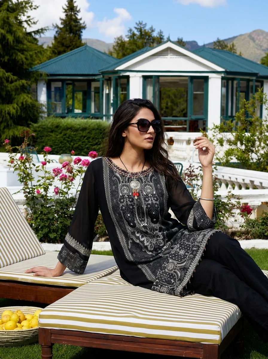 Black Georgette Mughal Printed Three Piece Set