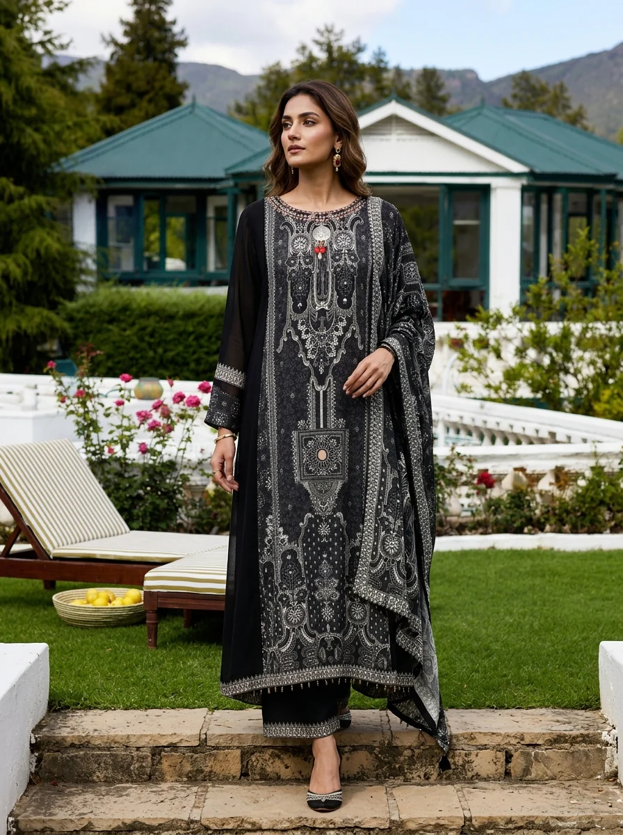 Black Georgette Mughal Printed Three Piece Set - Image 2