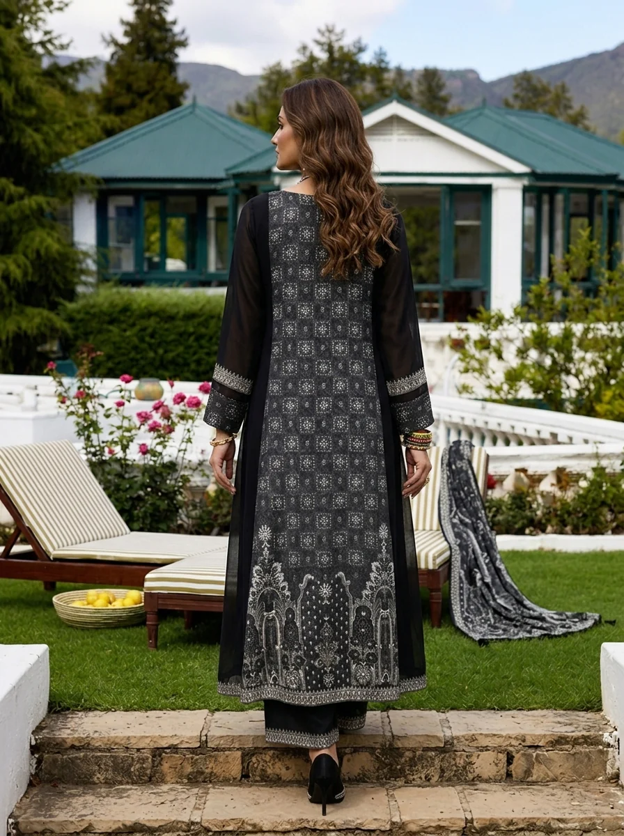 Black Georgette Mughal Printed Three Piece Set - Image 3