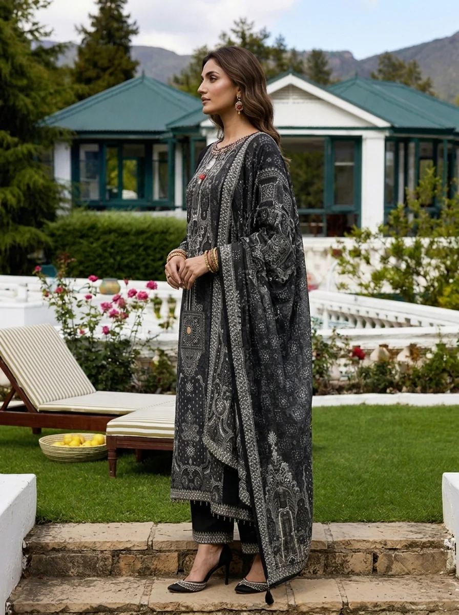 Black Georgette Mughal Printed Three Piece Set - Image 4
