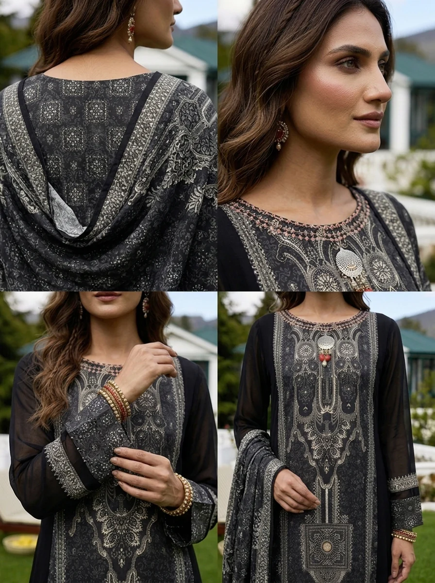 Black Georgette Mughal Printed Three Piece Set - Image 6