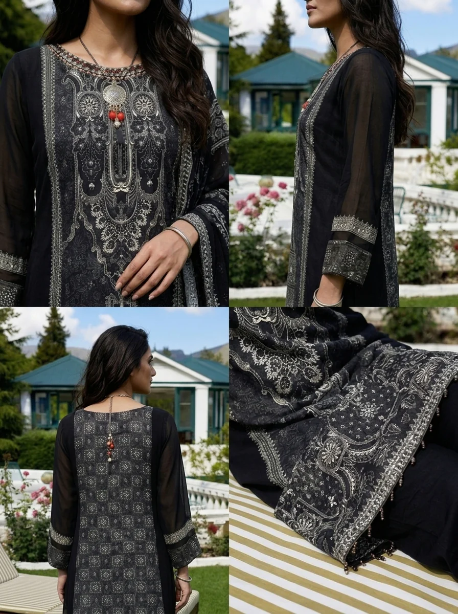 Black Georgette Mughal Printed Three Piece Set - Image 7