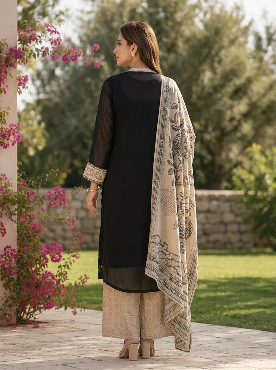 Black Georgette Patch Embroidered Three Piece Set With Printed Dupatta - Image 2