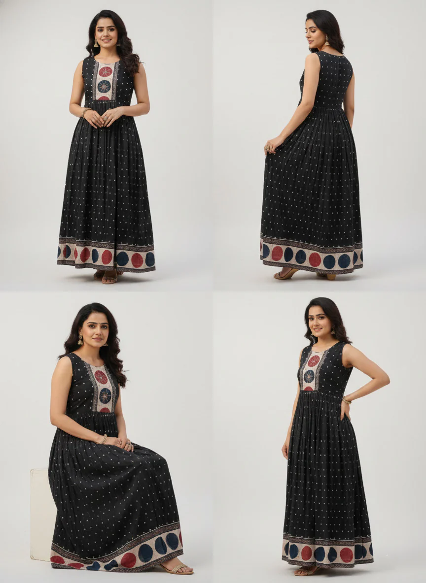 Black Georgette Printed Long Dress - Image 3