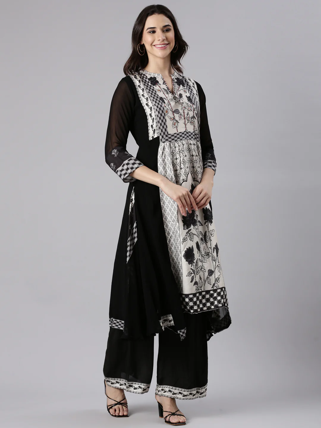 Black Georgette Printed Three Piece Set - Image 2