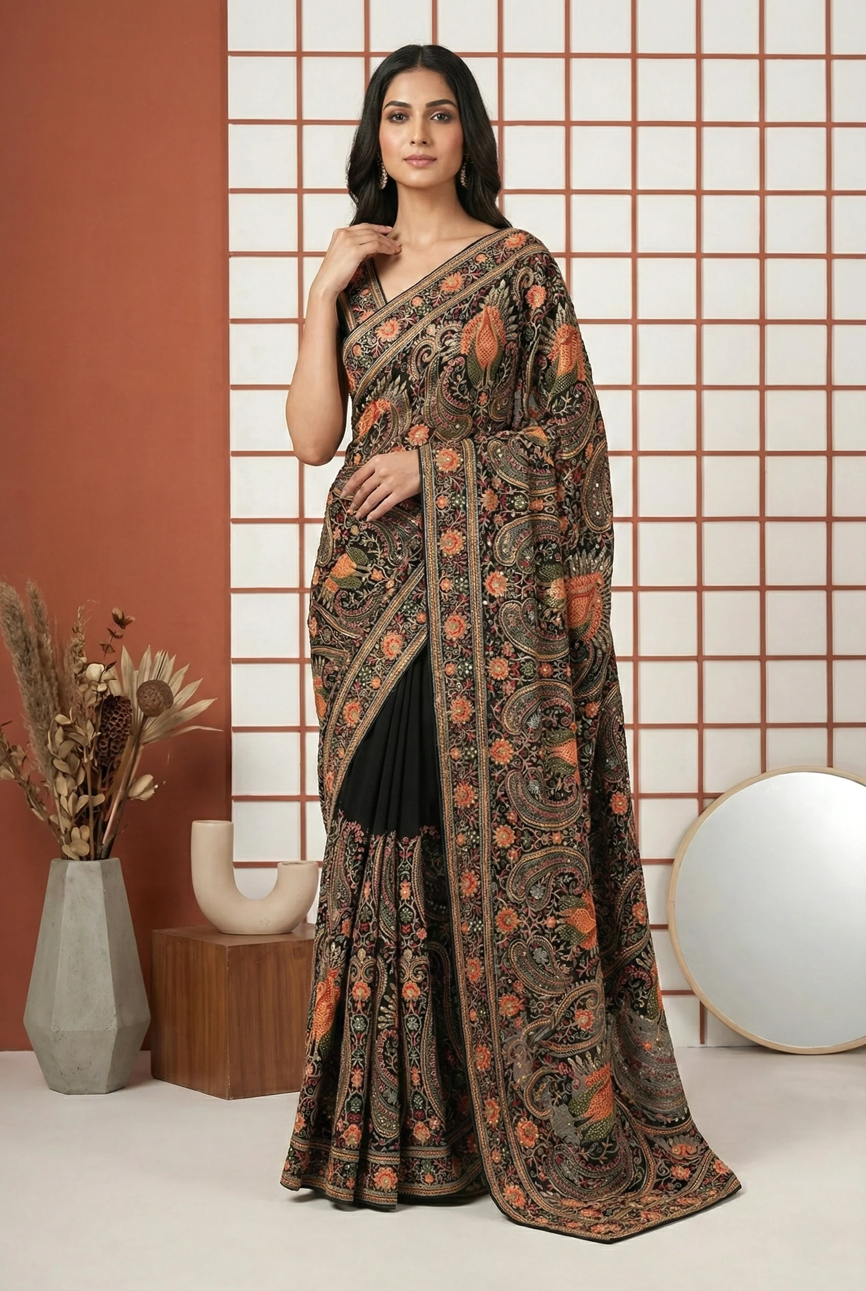 Black Heavy Paisley Zari Embroidered Organza Saree