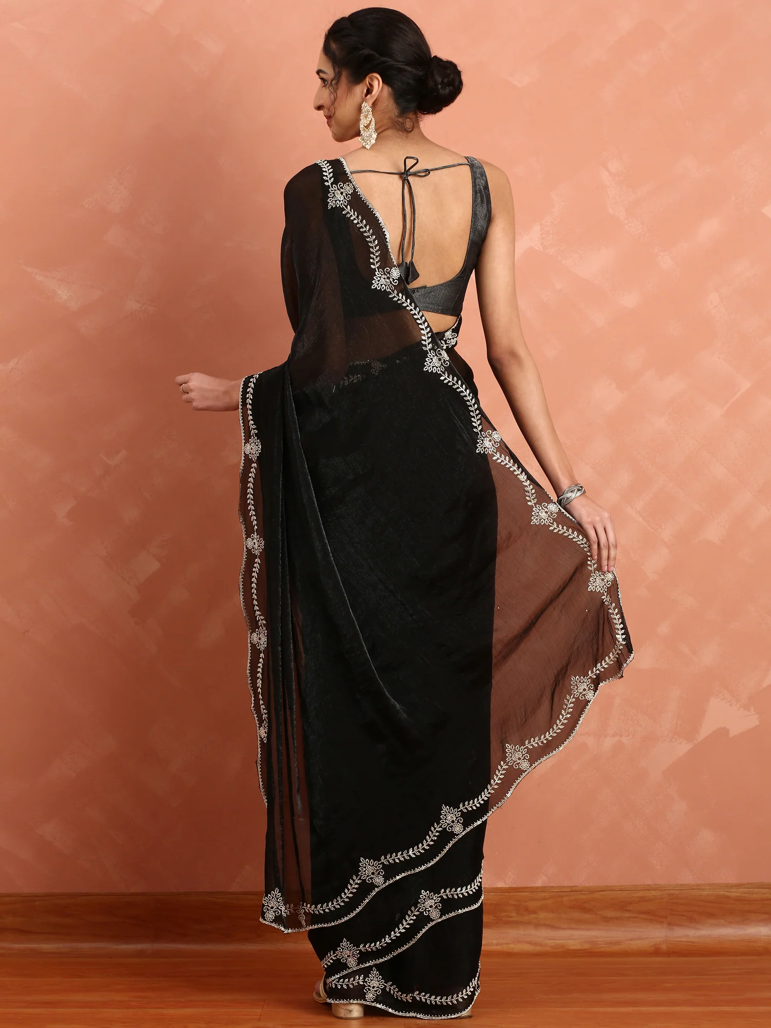 Black Jimmy Tissue Saree With Hand Embroidery - Image 3