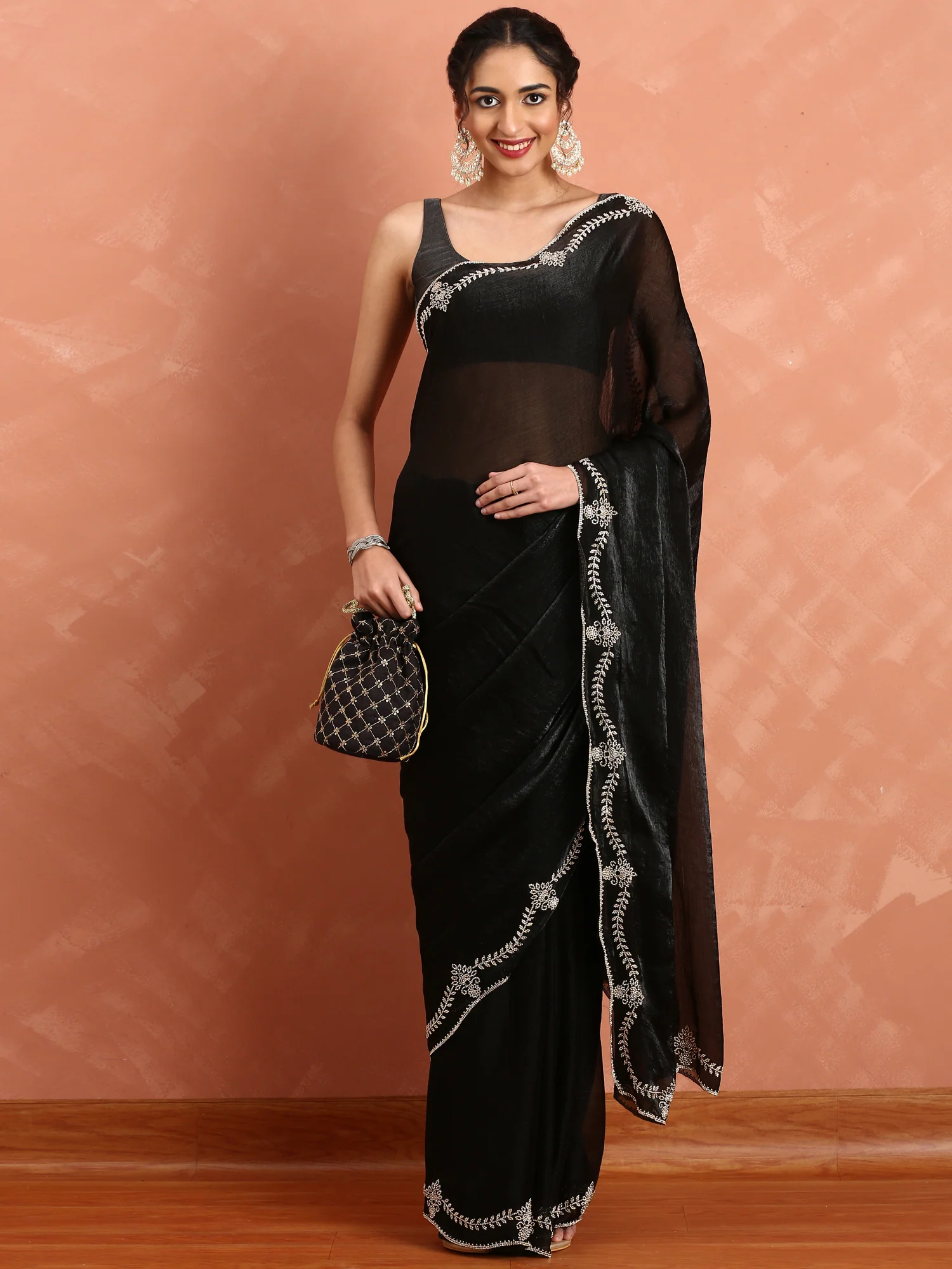 Black Jimmy Tissue Saree With Hand Embroidery - Image 4