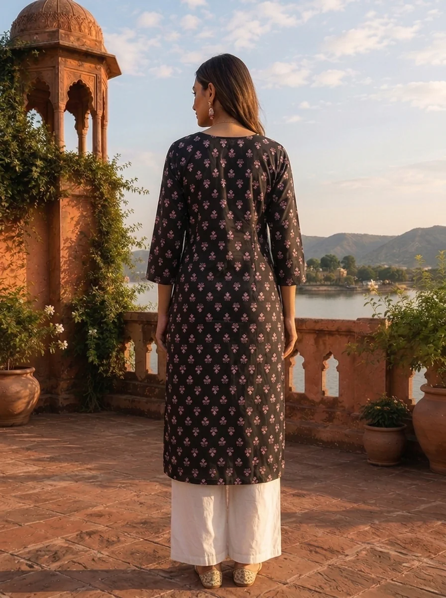 Black Modal Ethnic Geometric Printed Kurta - Image 2