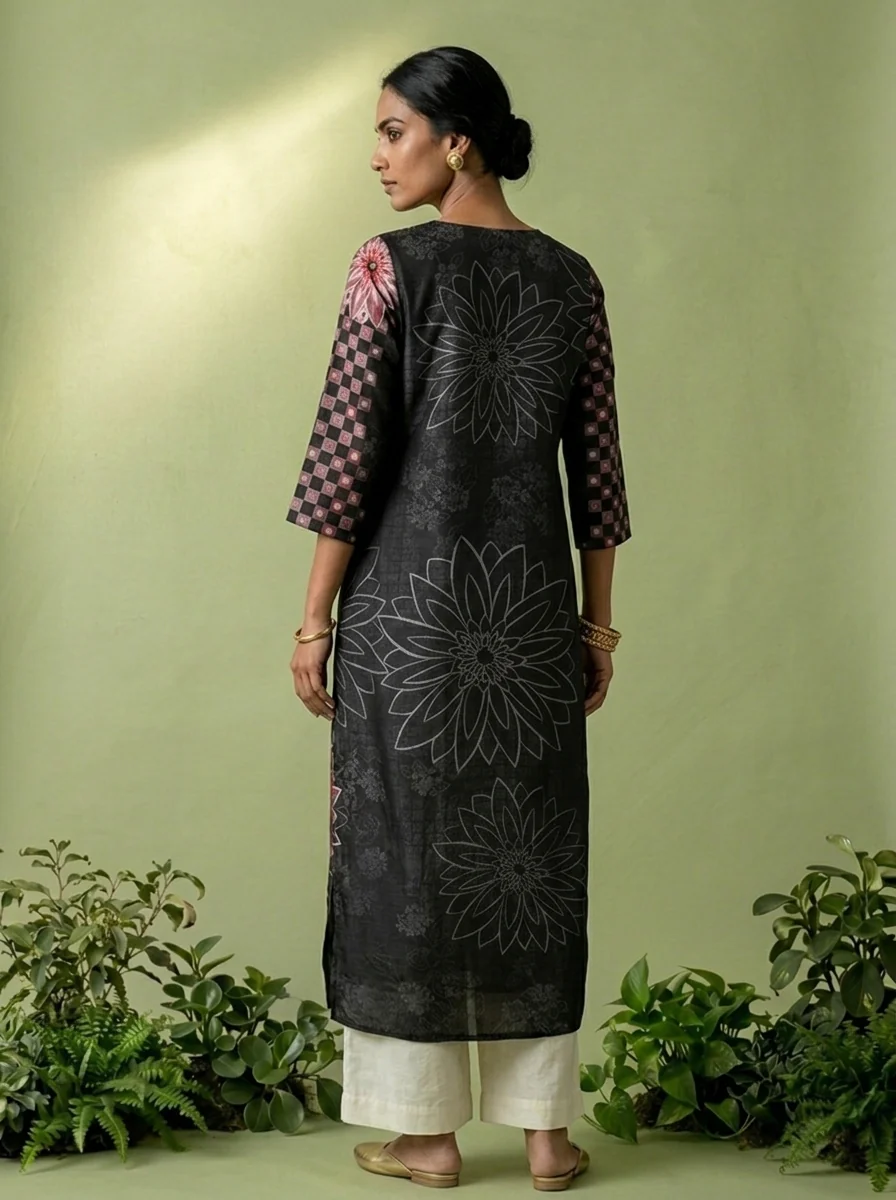 Black Modal Floral Printed Kurta - Image 3