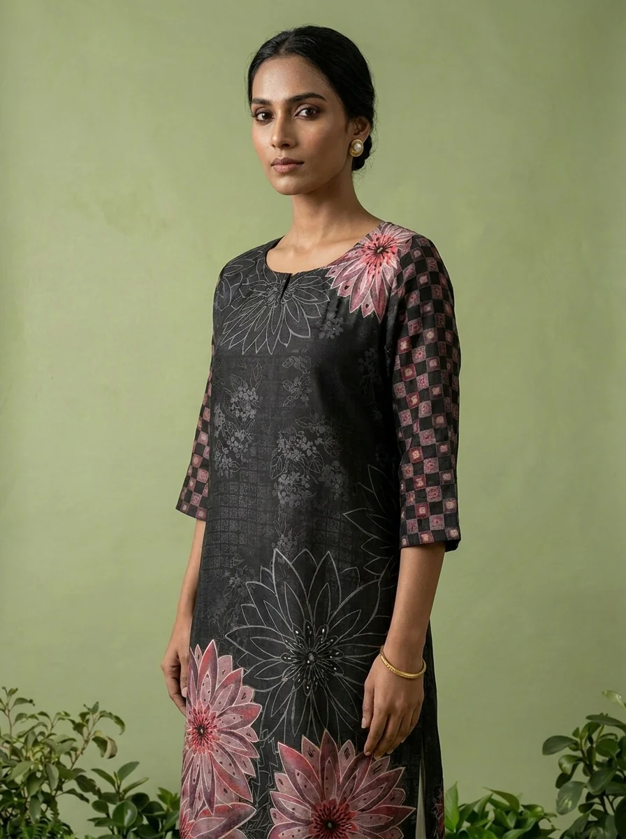 Black Modal Floral Printed Kurta - Image 4