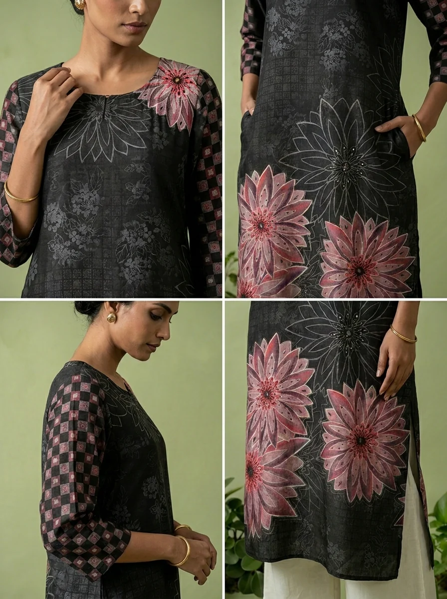 Black Modal Floral Printed Kurta - Image 5