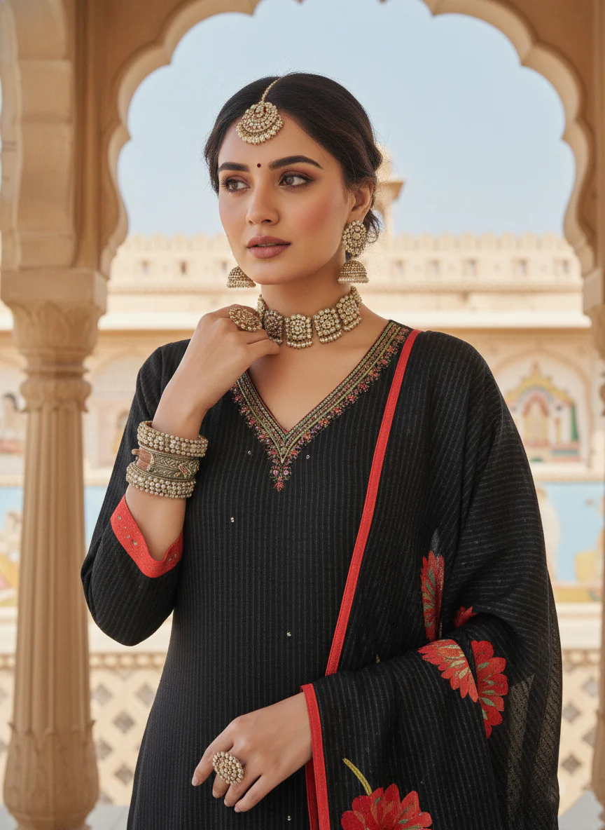 Black Muslin Floral Printed Three Piece Set - Image 2