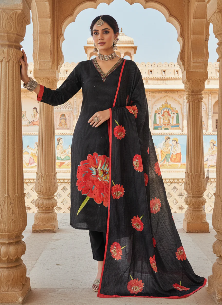 Black Muslin Floral Printed Three Piece Set - Image 3