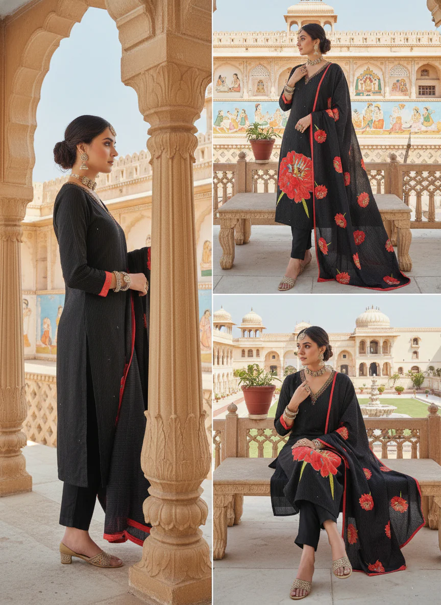 Black Muslin Floral Printed Three Piece Set - Image 5