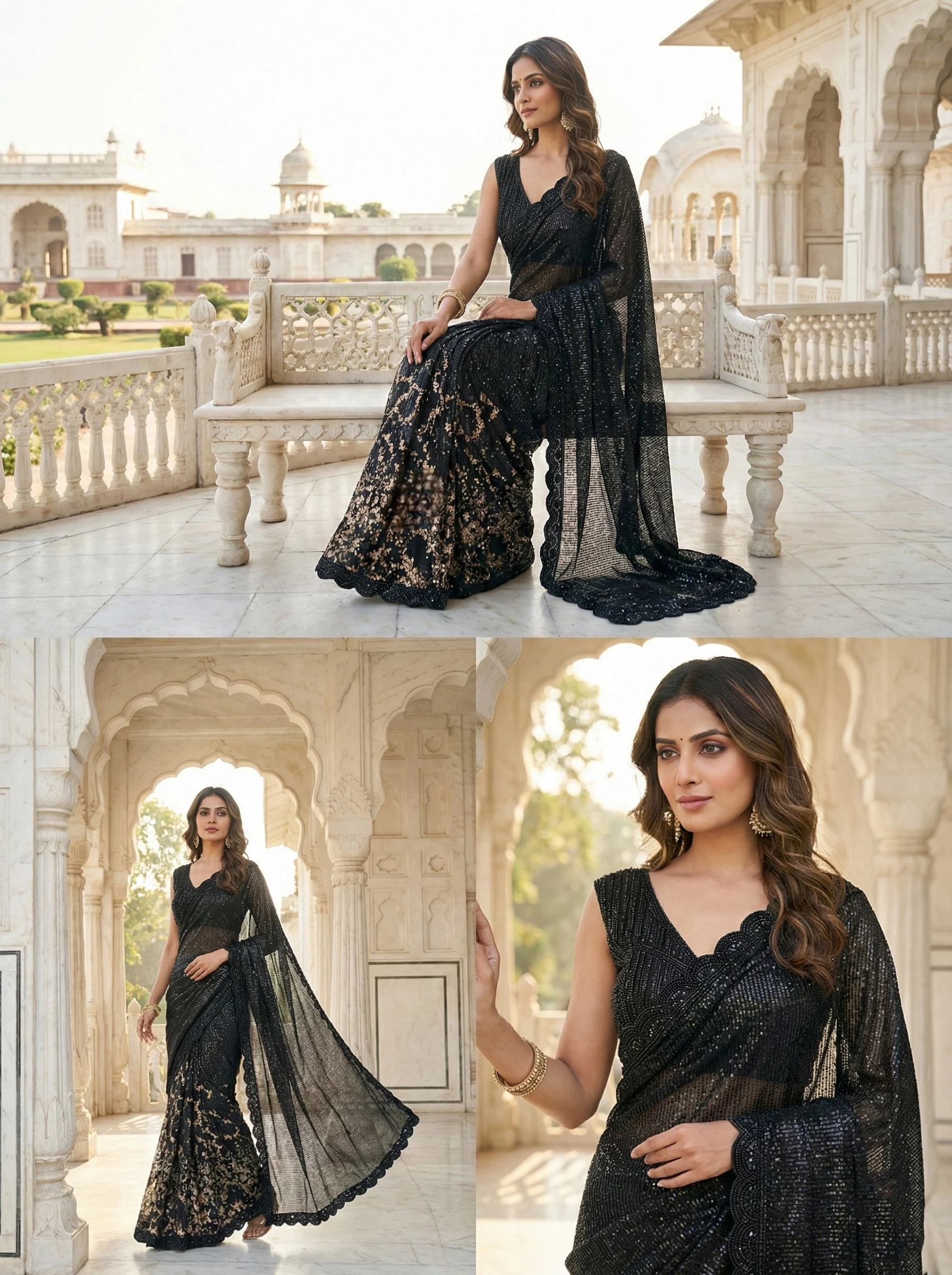 Black Net Heavy Sequins And Stone Work Saree With Readymade Blouse - Image 2
