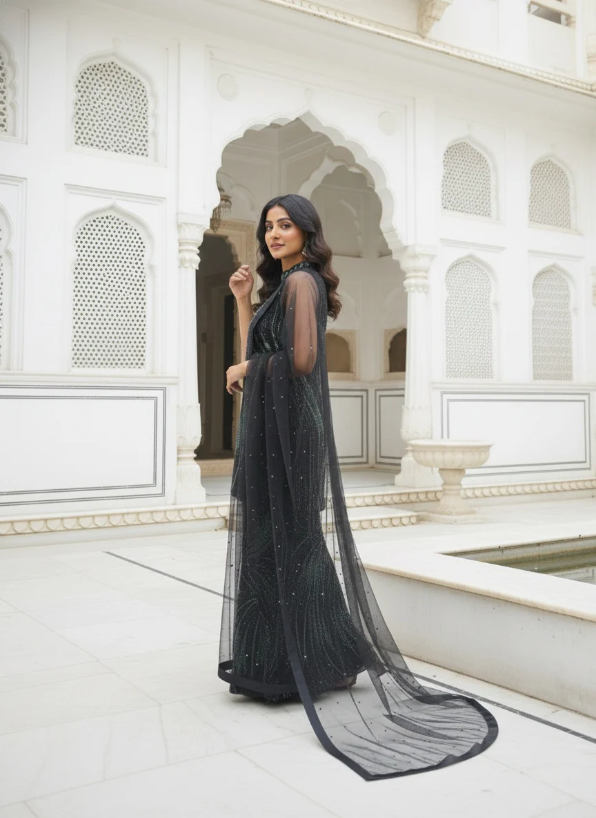 Black Net Heavy Sequins Kurta And Palazzo Set - Image 2