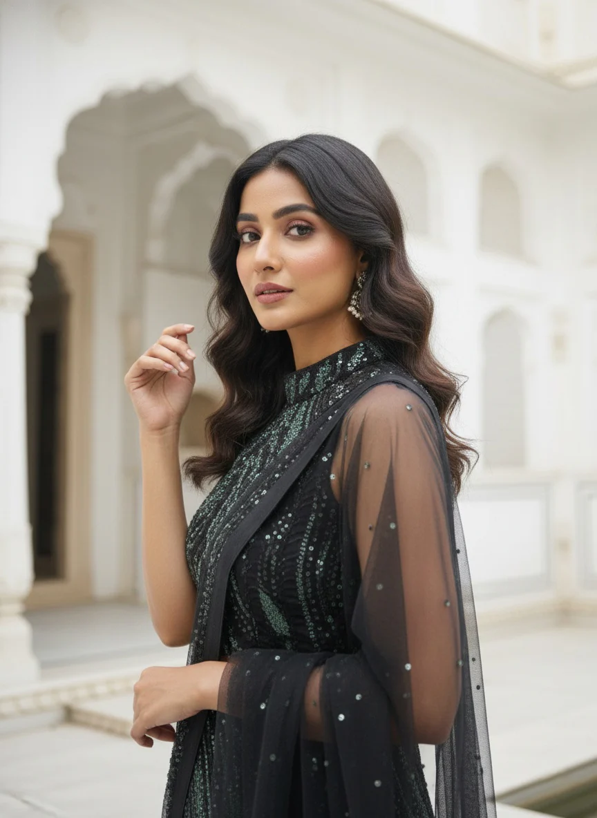 Black Net Heavy Sequins Kurta And Palazzo Set - Image 3