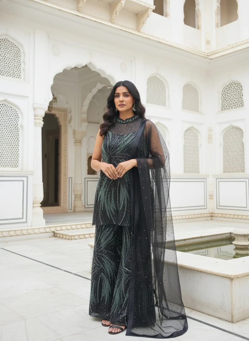 Black Net Heavy Sequins Kurta And Palazzo Set - Image 4