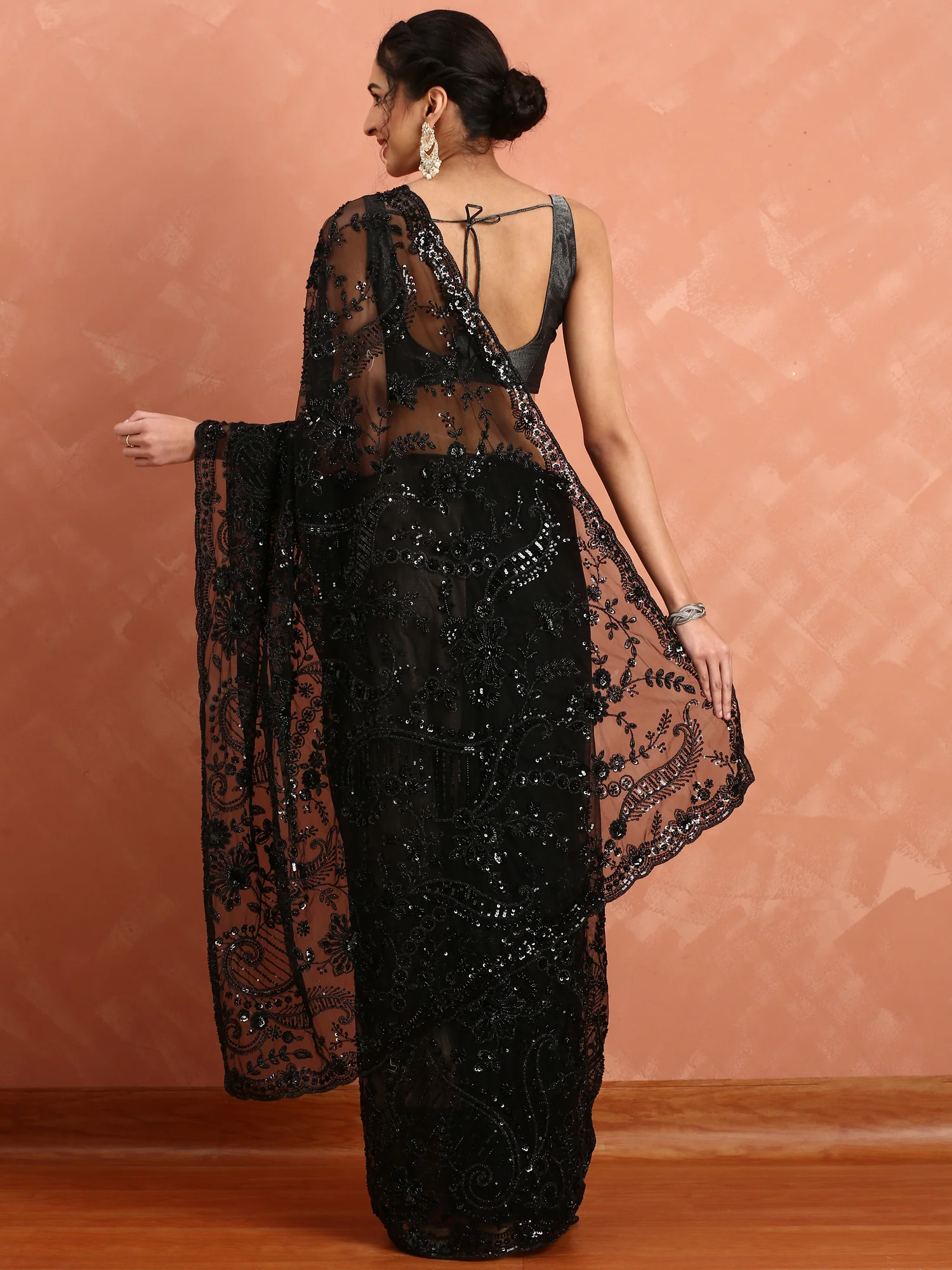 Black net saree with sequin heavy hand embroidery - Image 3