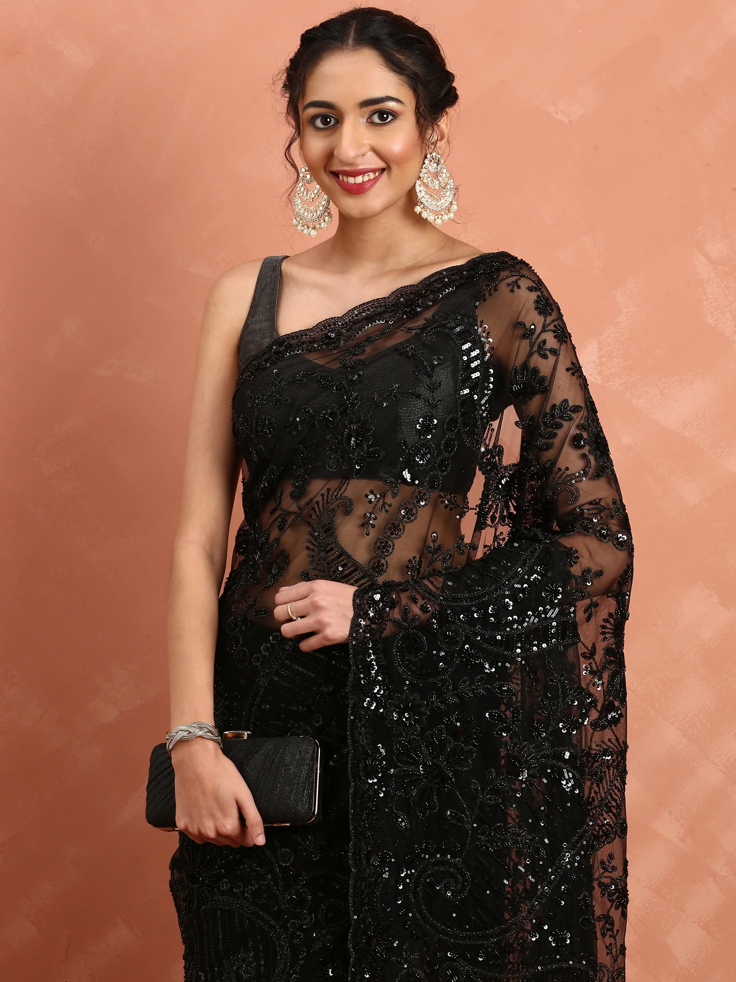 Black net saree with sequin heavy hand embroidery - Image 4