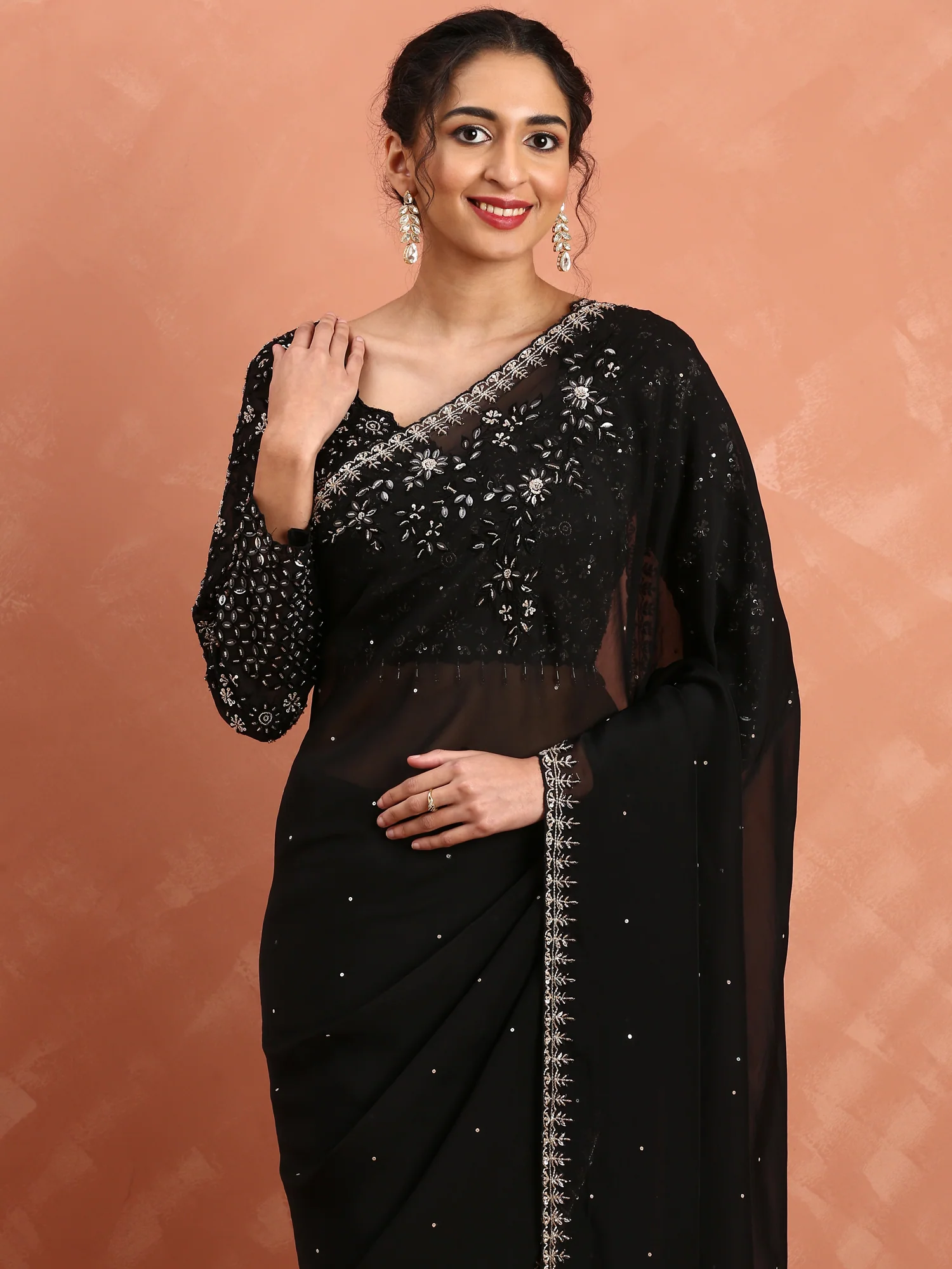 Black Organza saree cut Dana hand embroidery with heavy ready made blouse - Image 3