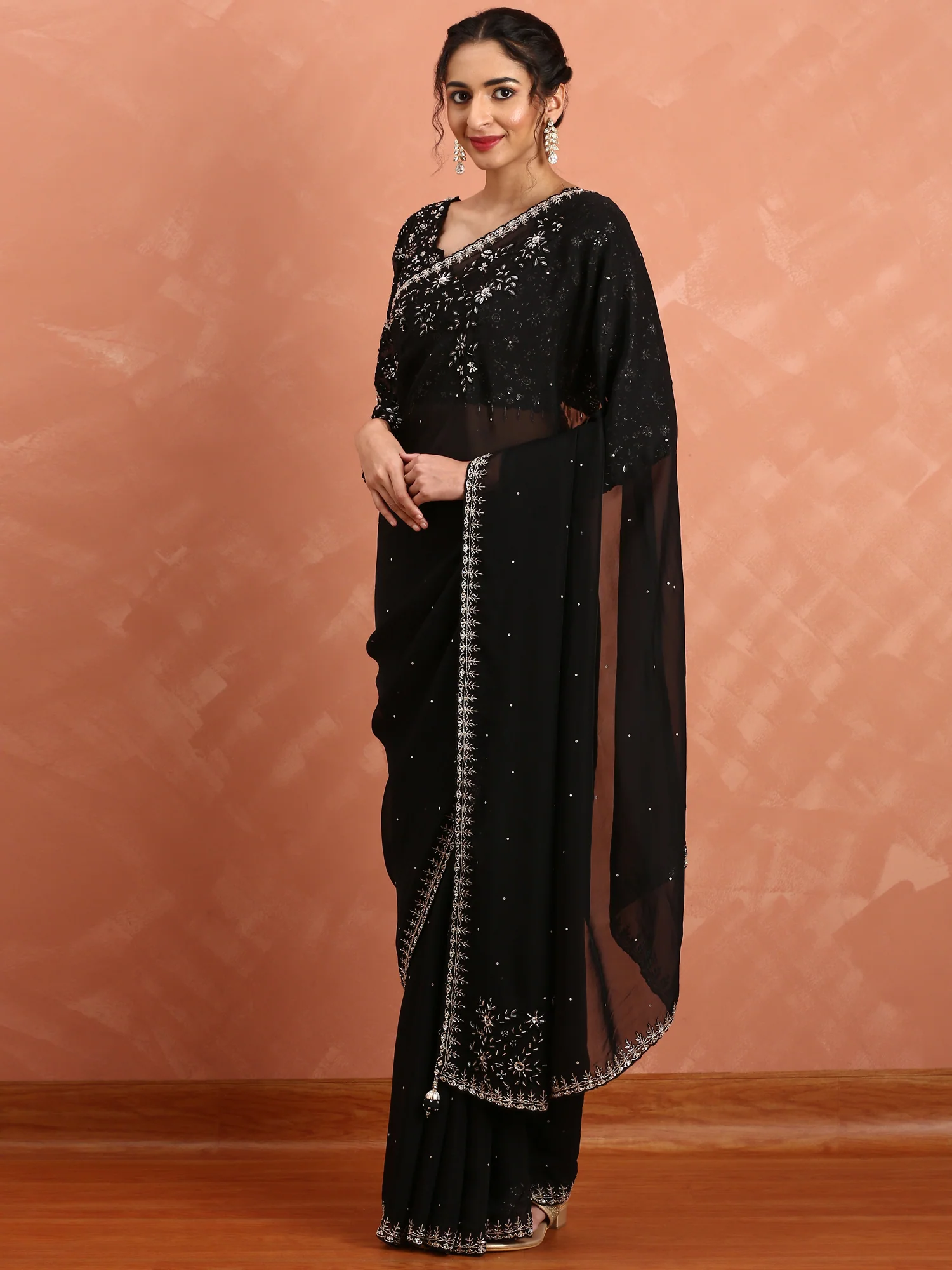 Black Organza saree cut Dana hand embroidery with heavy ready made blouse - Image 4
